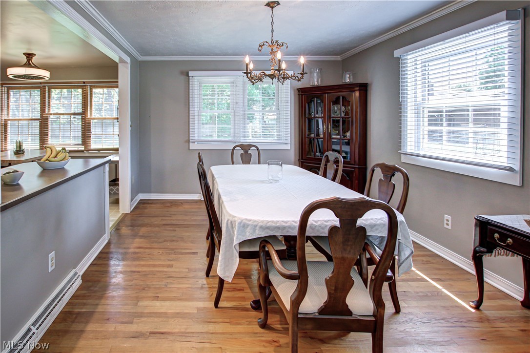 910 Andrews Road Medina, OH 44256 - Photo 11 of 45 Dining area with a baseboard heating unit, a notable chandelier, ornamental molding, and light hardwood / wood-style flooring
