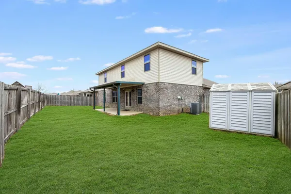 a view of a backyard with plants and large trees