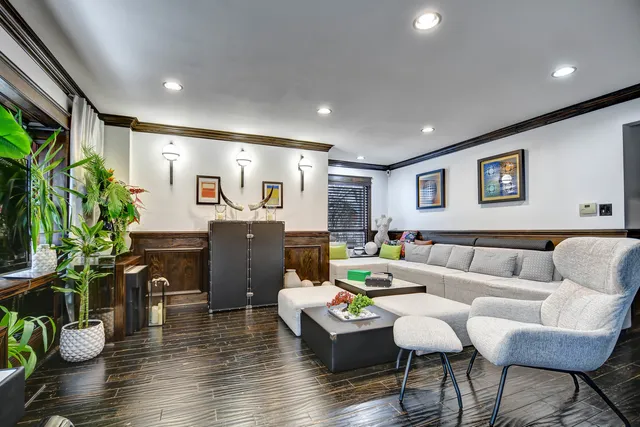 a living room with furniture and a potted plant