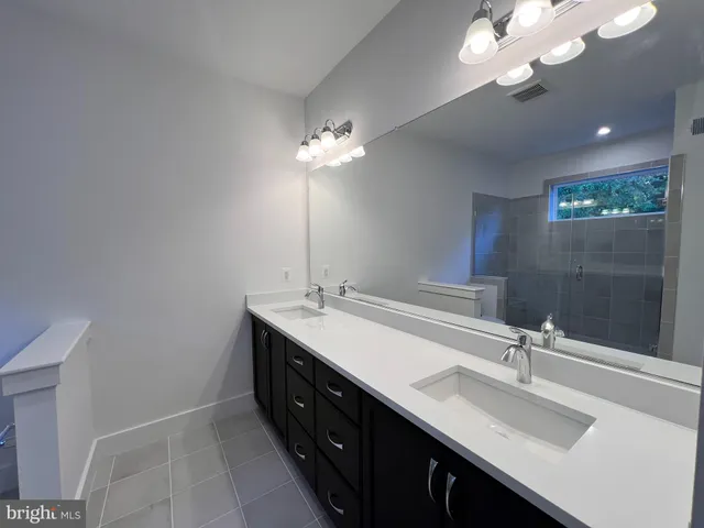a bathroom with a double vanity sink toilet and shower