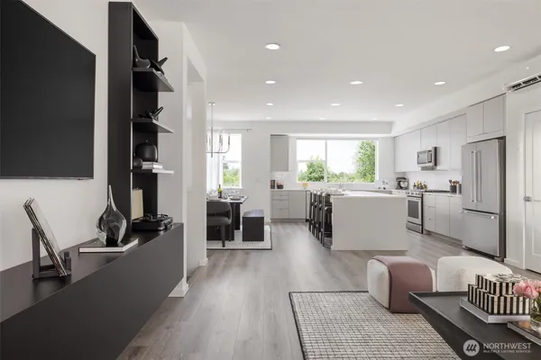 a kitchen with white cabinets and white appliances