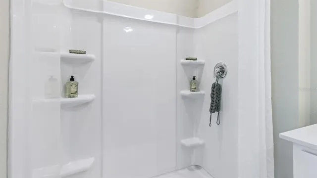 a bathroom with a shower and toilet