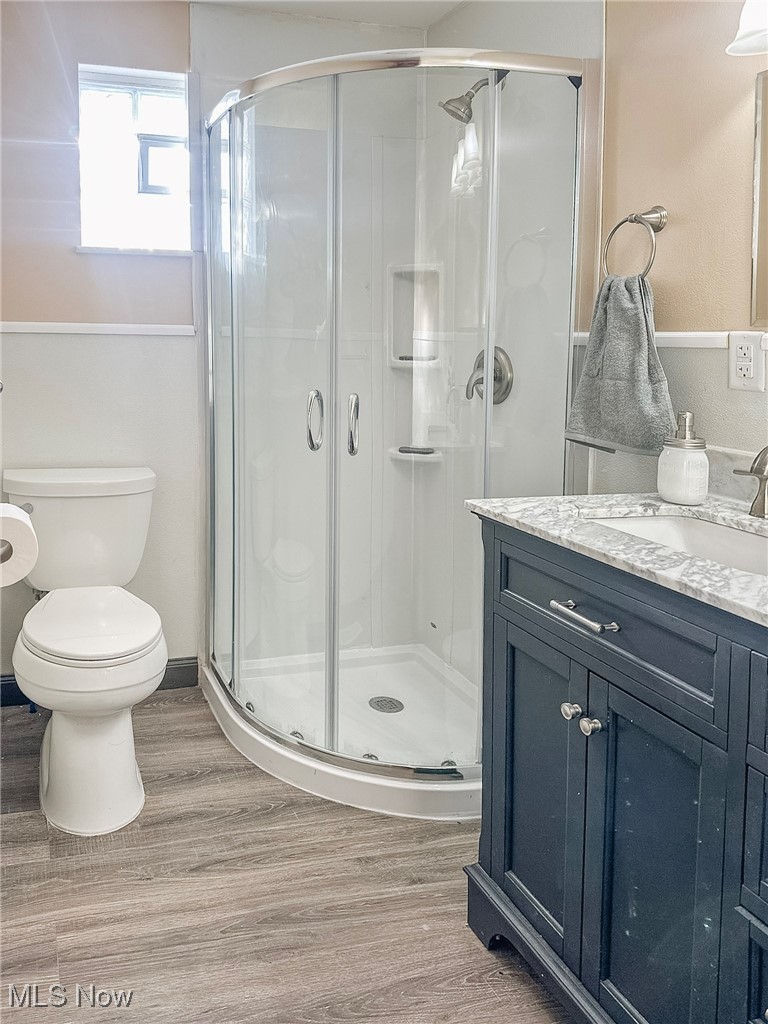 461 Tr 376 Road Toronto, OH 43964 - Photo 14 of 35 Bathroom with toilet, a shower with door, vanity, and wood-type flooring