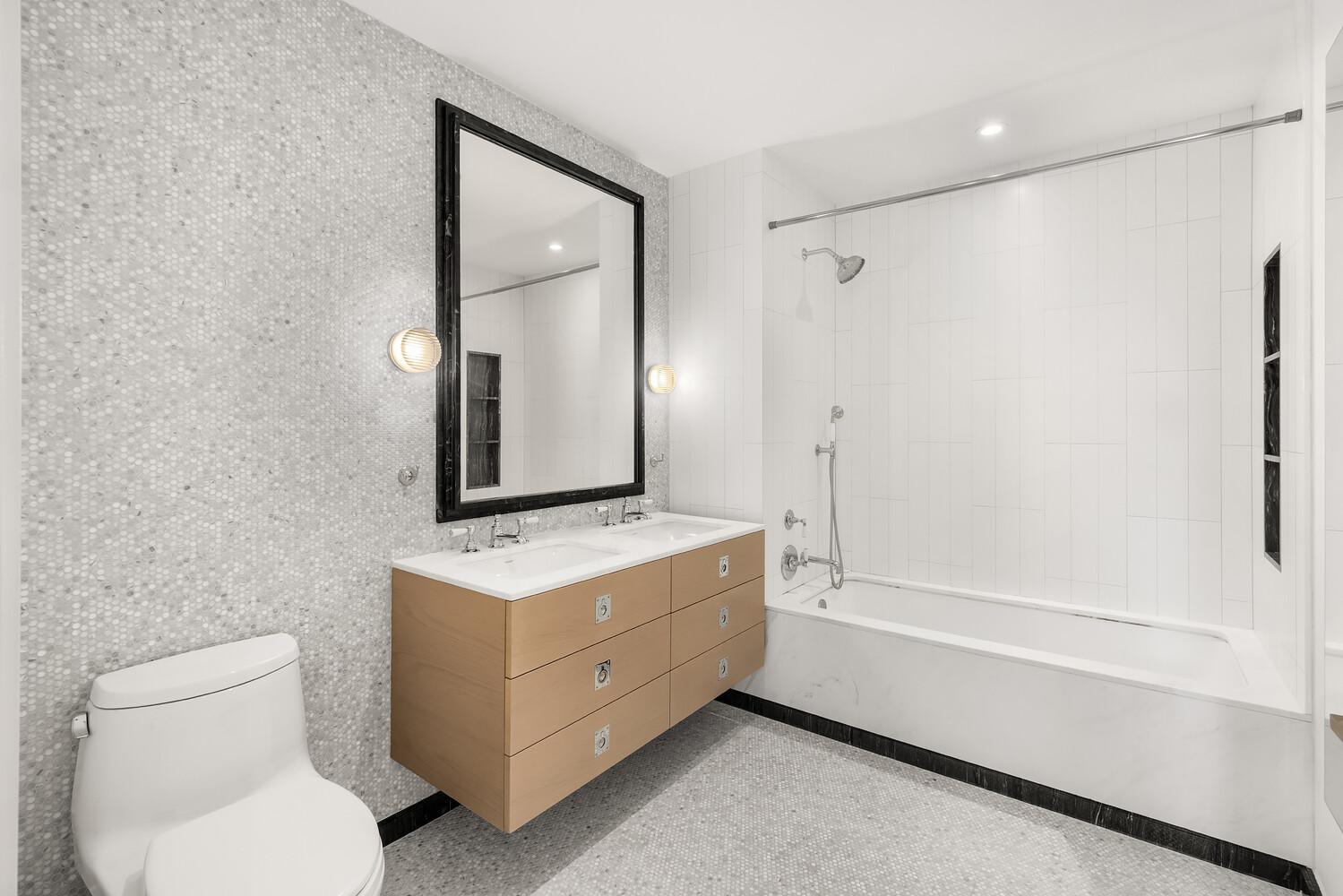 438 East 12th Street, Unit PHF Manhattan, NY 10009 - Photo 14 of 20 a bathroom with a granite countertop sink mirror vanity and toilet