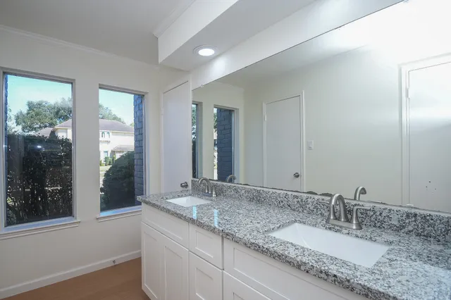 a bathroom with a granite countertop sink and a mirror