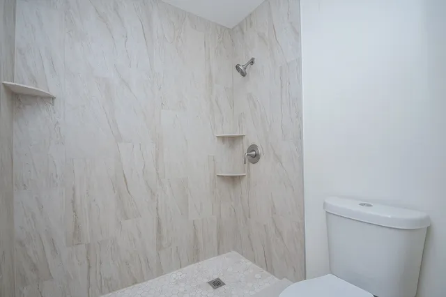 a bathroom with a shower and a toilet