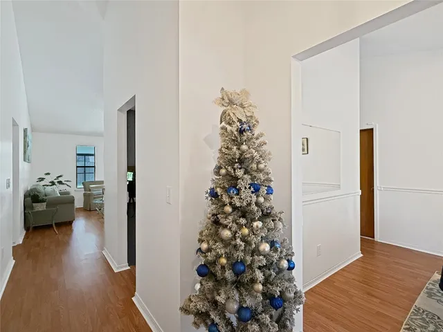 a hallway with wooden floor and a potted plant