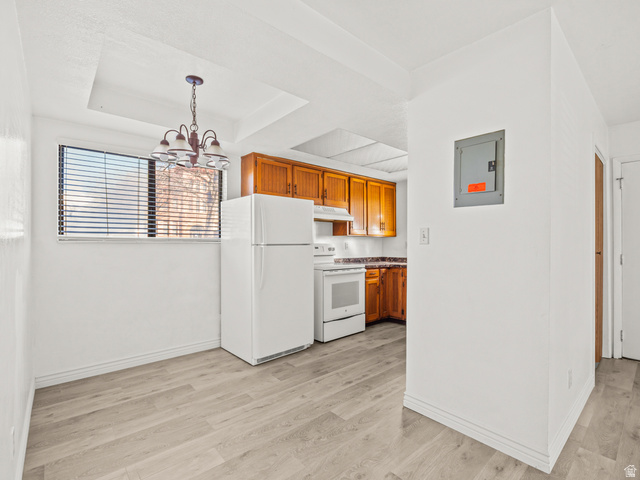 460 200 South Provo, UT 84606 - Photo 17 of 66 Kitchen with wood finish cabinetry, white appliances, light wood finished floors, electric panel, and suspended lighting