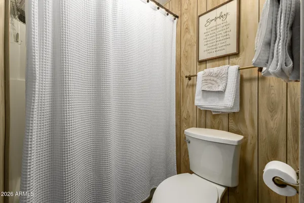 a white toilet sitting next to a shower curtain