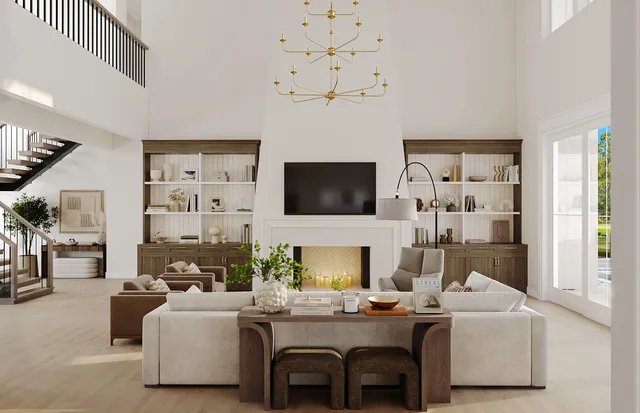 a living room with fireplace furniture and a flat screen tv