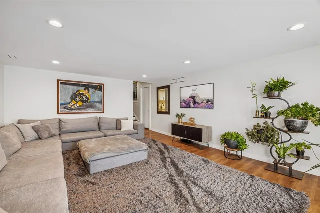 a living room with furniture potted plant and a flat screen tv