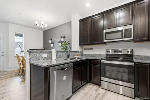 a kitchen with stainless steel appliances granite countertop a stove microwave and sink