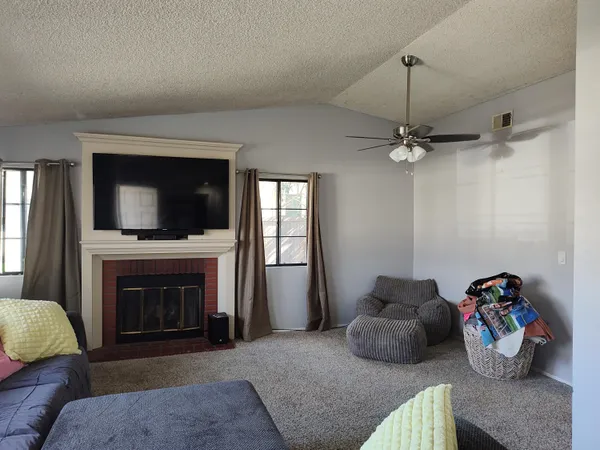 a living room with furniture and a fireplace