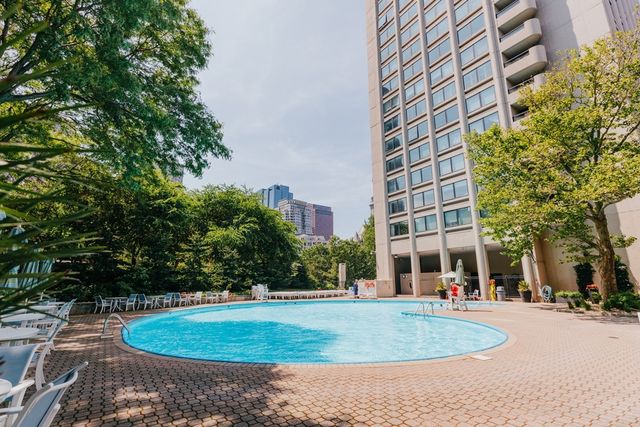 a city view with tall buildings