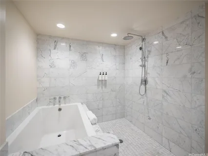a bathroom with a bathtub and shower