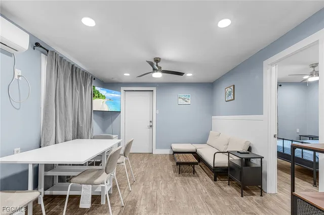 a view of a dining room with furniture