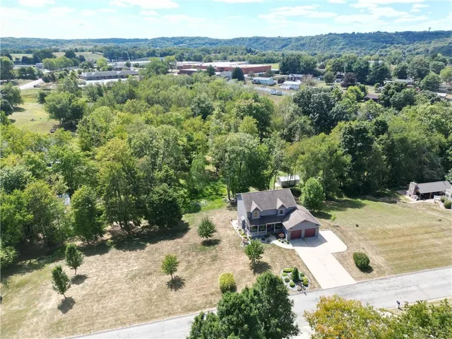 an aerial view of a house with garden
