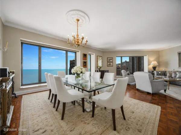 a view of a dining room with furniture