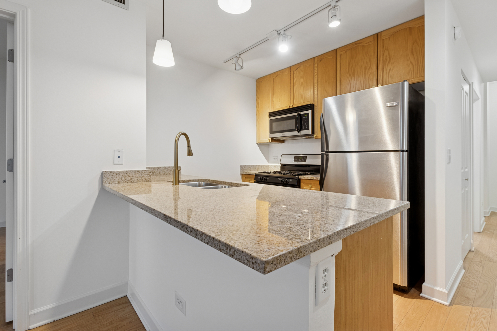 1400 South Michigan Avenue, Unit 1708 Chicago, IL 60605 - Photo 4 of 20 a kitchen with stainless steel appliances granite countertop a sink a refrigerator and a granite counter tops