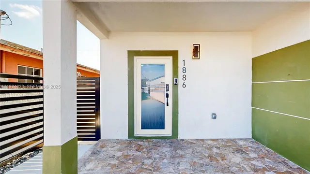 a view of a room with a door