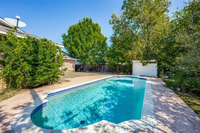 a backyard with a garden and trees