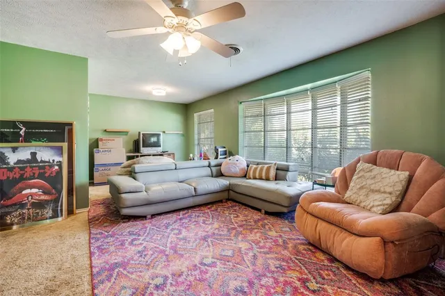 a living room with furniture ceiling fan and a rug