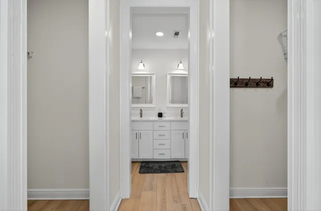 front view of a house with a fountain