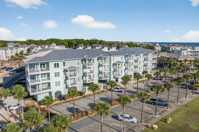 a view of a building with sitting area