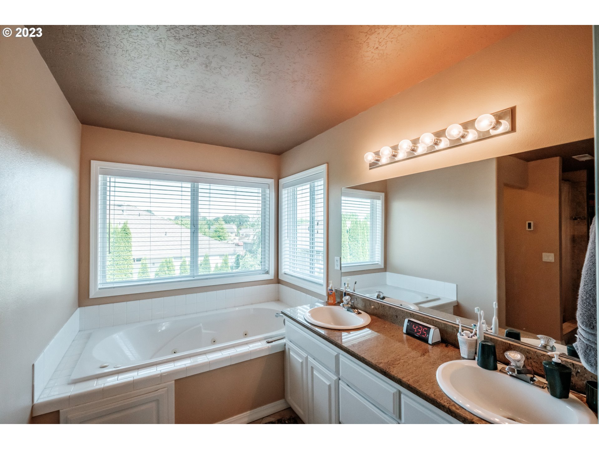 5165 Falcon Street Southwest Albany, OR 97321 - Photo 12 of 28 a bathroom with a granite countertop sink a large mirror and a bathtub