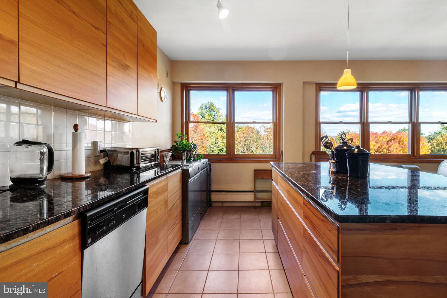 7900 Old York Road, Unit 907A Elkins Park, PA 19027 - Photo 11 of 36 a kitchen with stainless steel appliances granite countertop sink stove and large window