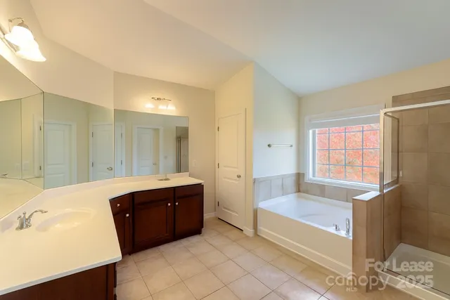 a bathroom with a tub sink and mirror