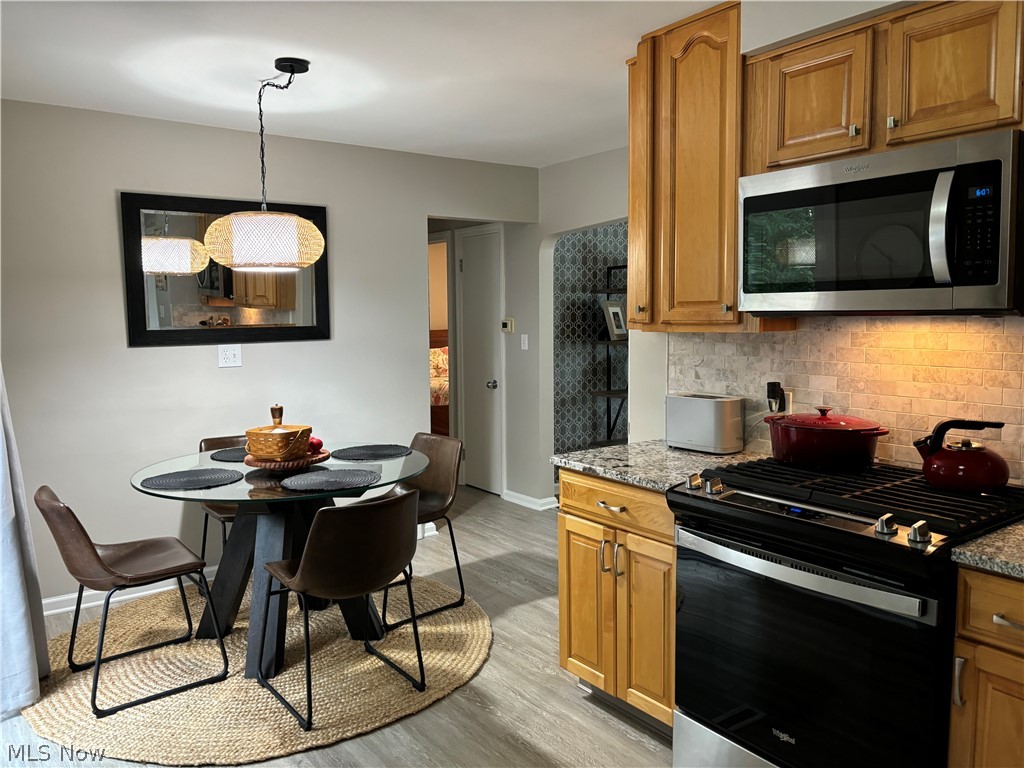 1440 West Miner Road Cleveland, OH 44124 - Photo 24 of 49 Kitchen featuring pendant lighting, decorative backsplash, light stone countertops, light hardwood / wood-style floors, and appliances with stainless steel finishes