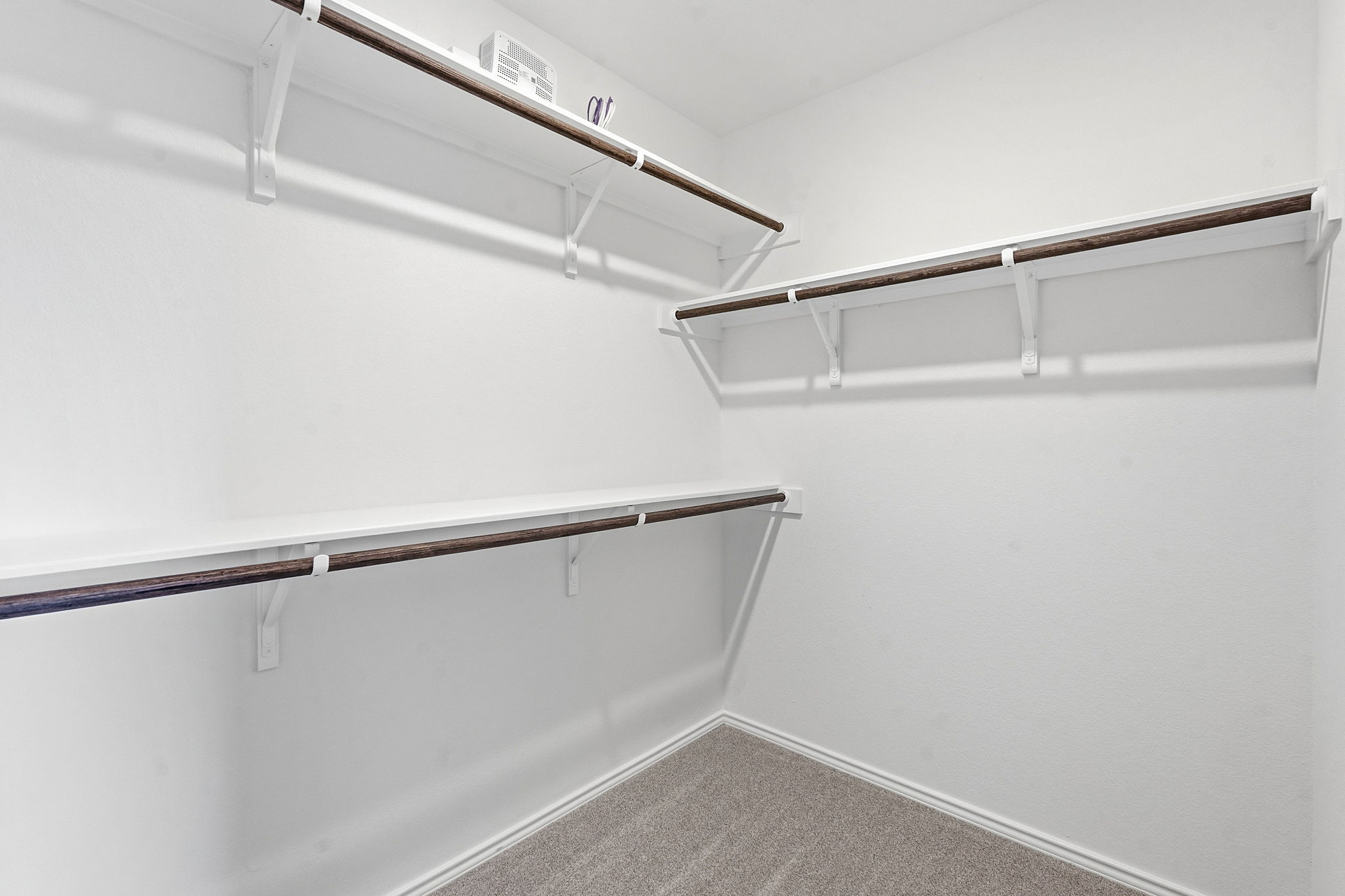 164 Cinnabar Lane, Unit 4 Kyle, TX 78640 - Photo 13 of 23 Organized closet space featuring white shelving, dark-finish hanging rods, and light gray carpet flooring