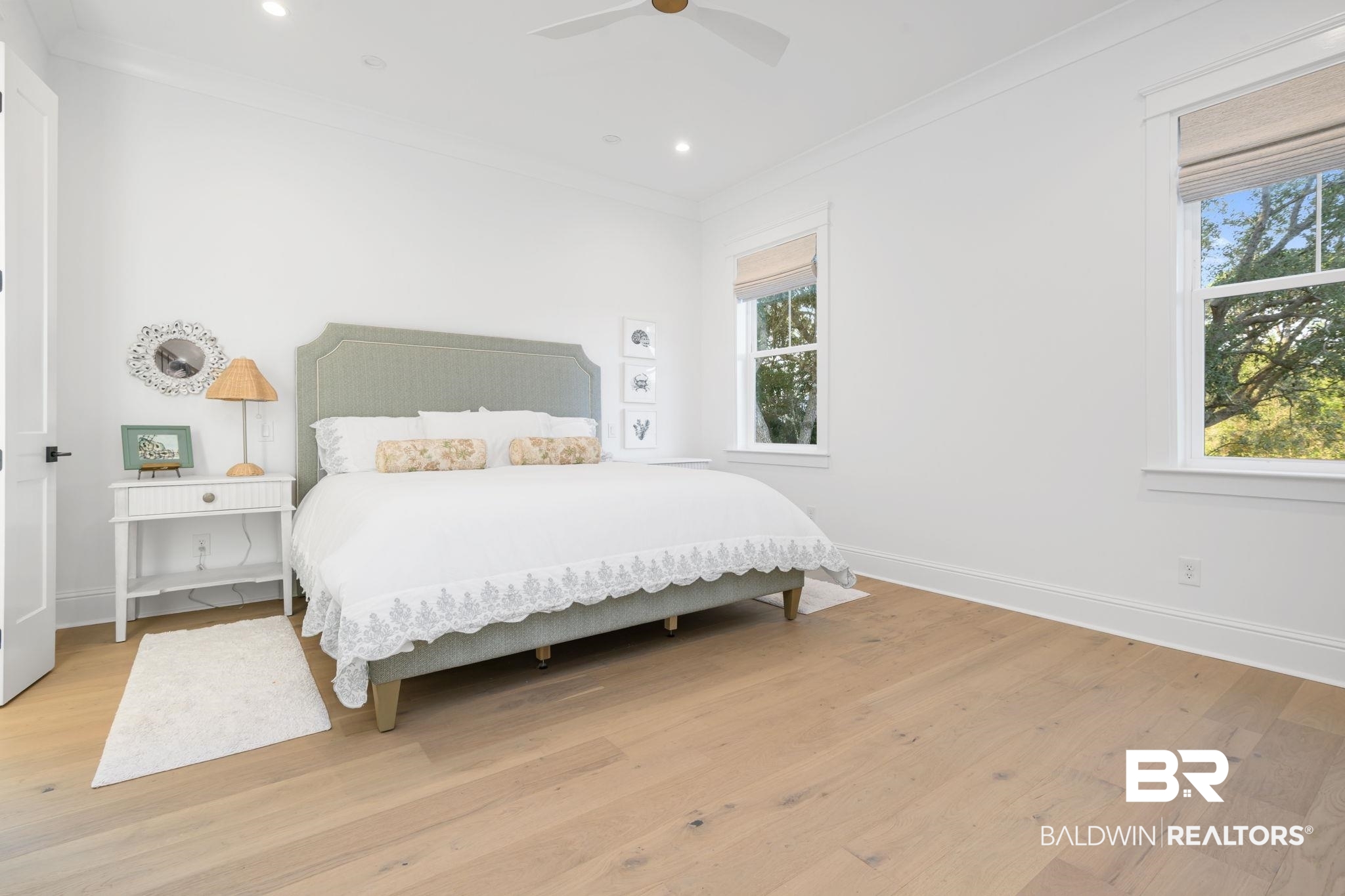 30313 River Road Orange Beach, AL 36561 - Photo 21 of 50 Bedroom featuring ornamental molding, light wood-style floors, ceiling fan, and recessed lighting