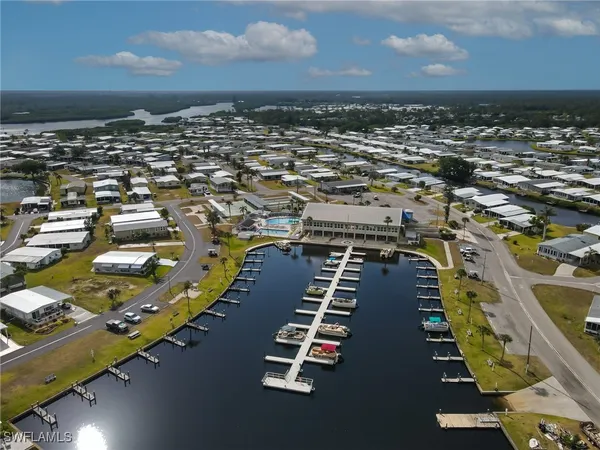 an aerial view of a pool