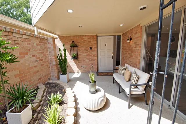 a front view of a house with outdoor seating