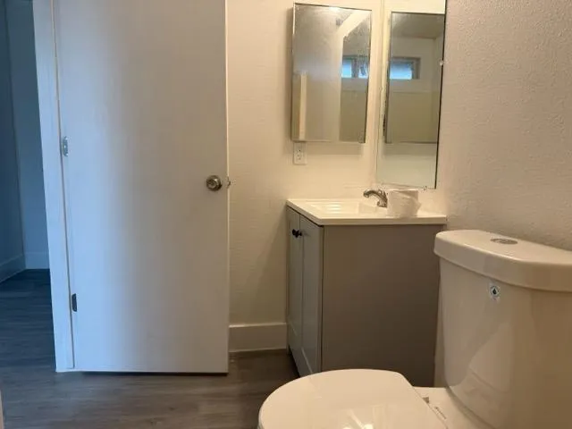 a bathroom with a toilet a sink and mirror