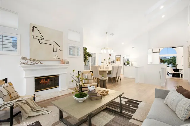 a living room with furniture and fireplace
