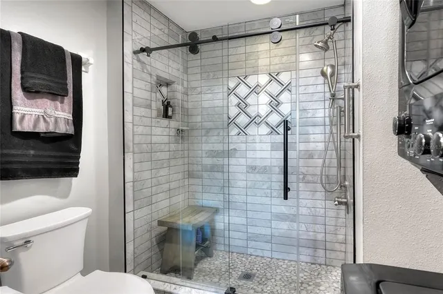 a bathroom with a shower and a toilet