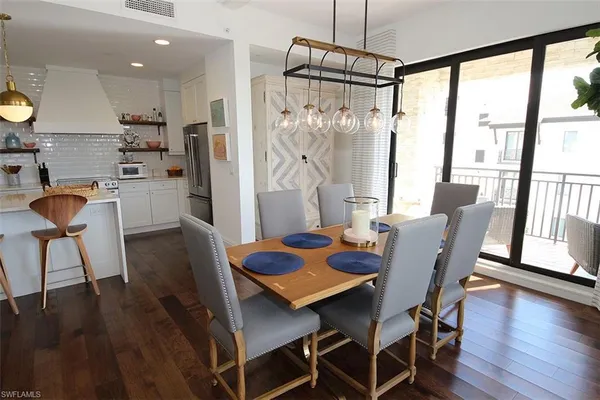a view of a dining room with furniture window and wooden floor