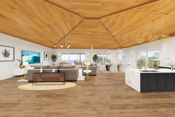 a view of living room with kitchen island furniture and a kitchen view