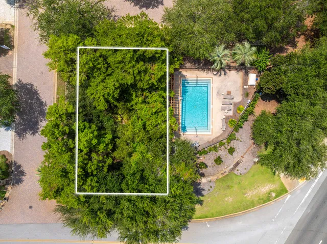an aerial view of garden with swimming pool