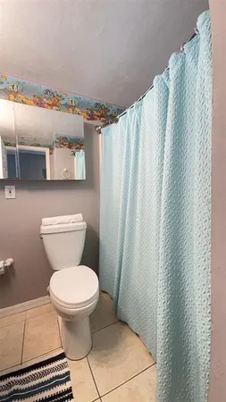 a bathroom with a toilet and a shower curtain