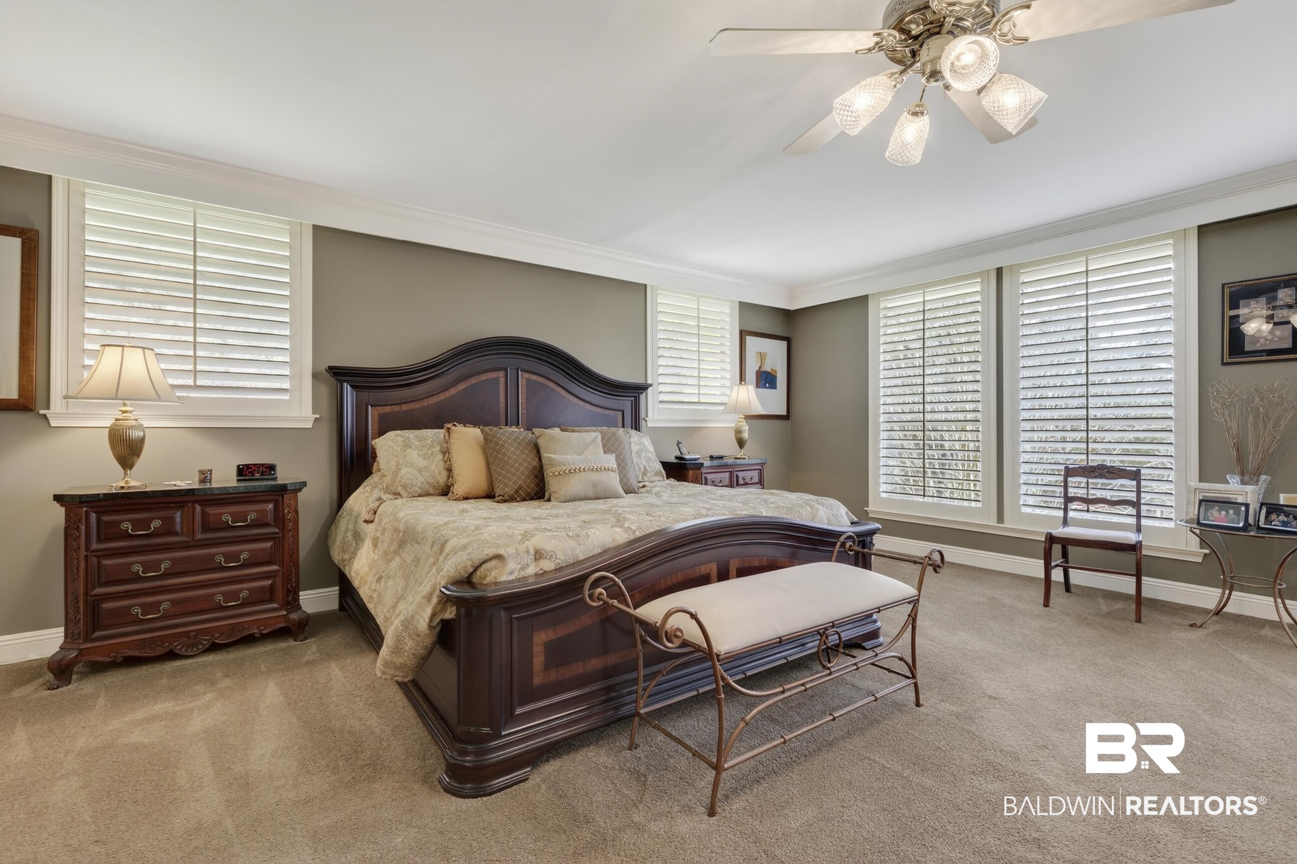 3175 Dawes Lake Road Mobile, AL 36619 - Photo 13 of 92 Bedroom with light carpet, a ceiling fan, and ornamental molding