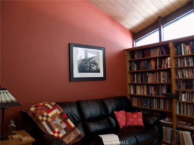 a living room with furniture and a book shelf