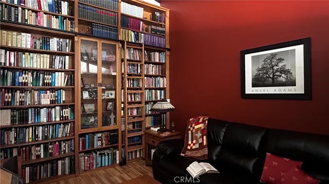 a view of a bookshelf and a workspace