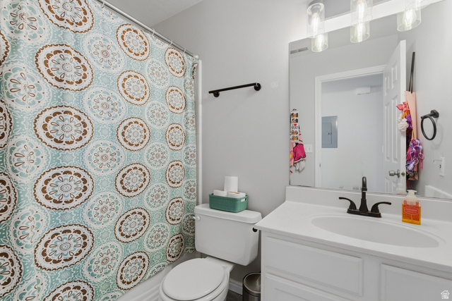 282 West 960 South, Unit C Provo, UT 84601 - Photo 26 of 33 Bathroom with vanity, curtained shower, and electric panel