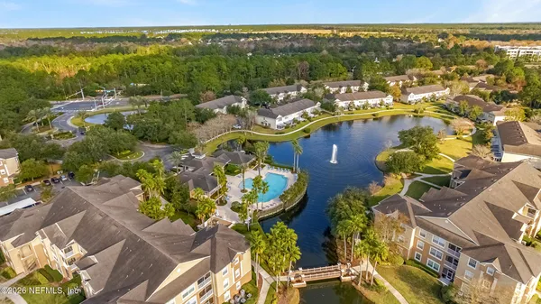 an aerial view of a swimming pool