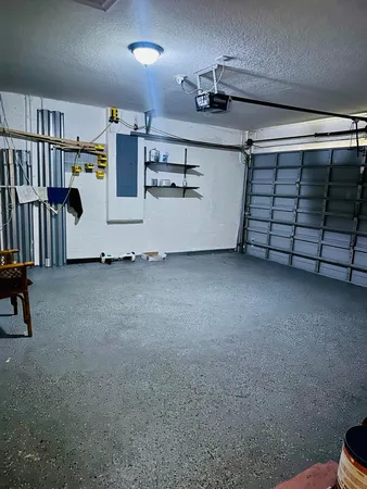 a view of a garage with furniture