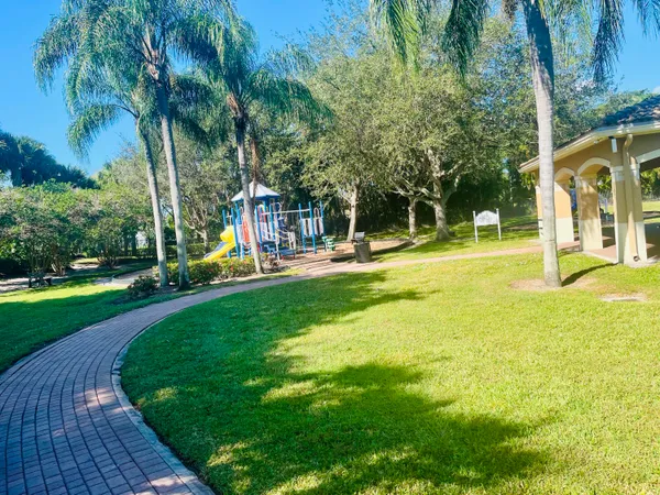a view of a playground with a slide